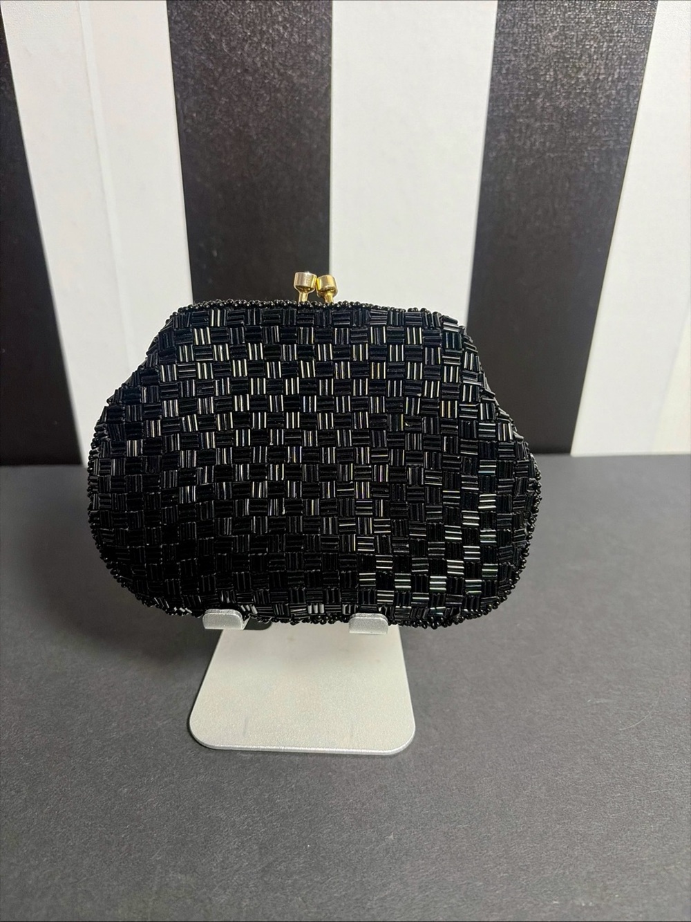 Vintage DeLill Black Glass Beaded Evening Clutch Purse Kiss Lock Handmade Macao